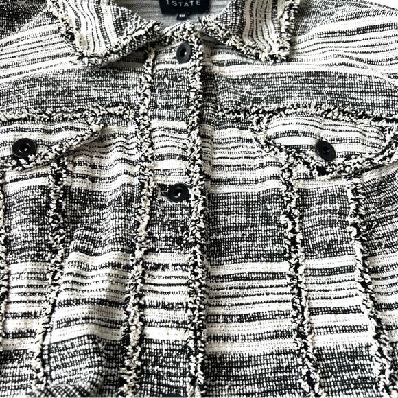 1. State Black Cream Fringe Tweed Button Front Long Sleeve Blazer Jacket - Picture 7 of 15